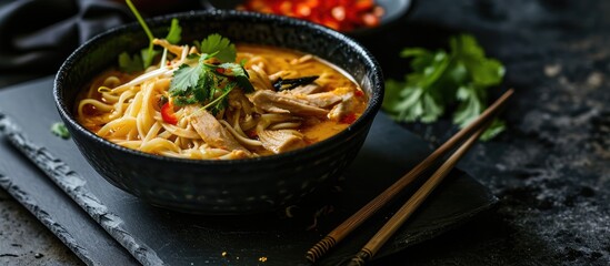 Thai chicken noodle soup, served in a black bowl on a dark slate background. - obrazy, fototapety, plakaty