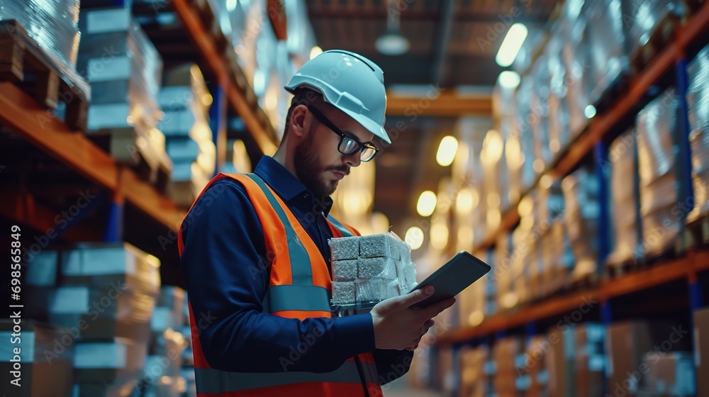 Poster manager warehouse. worker checking and loading products and tracking delivery with a tablet on globa