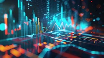 Market chart, business data graph diagram and growth financial graphic report information on futuristic finance background - obrazy, fototapety, plakaty