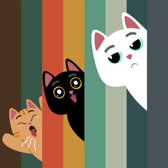Three playful cats playing in a colorful vintage background