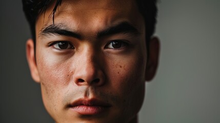 Obraz premium Mockup, portrait and half eyes of a man isolated on a grey background in studio. Serious