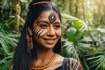 Portrait indigenous woman with face painted with tribal motifs in the jungle