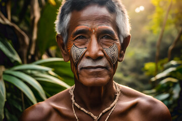 Portrait of an indigenous man with his face painted with tribal motifs in the jungle - obrazy, fototapety, plakaty