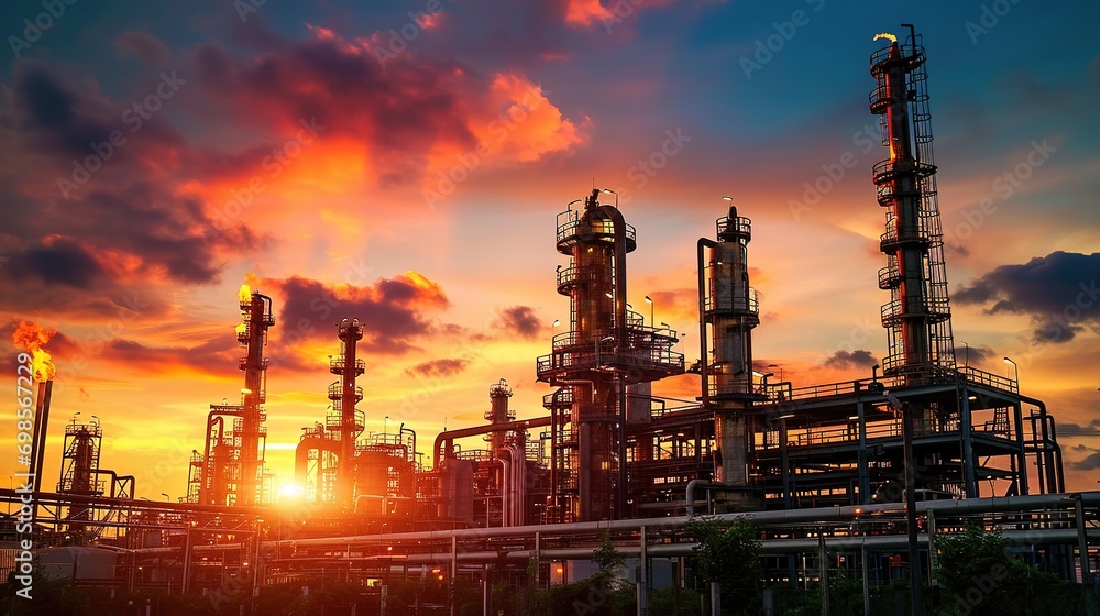 Wall mural Oil and gas refinery plant or petrochemical industry on sky sunset background