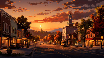 Fototapeta premium Golden Hour lighting. Evening in a small American town