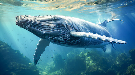 Humpback whale playing near the surface in blue ocean water