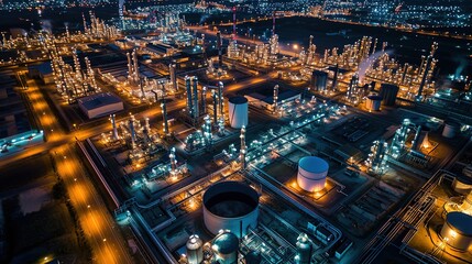 Fototapeta na wymiar Oil refinery plant from industry zone, Aerial view oil and gas petrochemical industrial, Refinery factory oil storage tank and pipeline steel at night