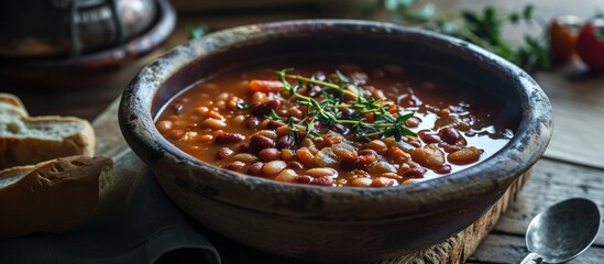 Selective focus image of rustic bowl with thick kidney bean soup.