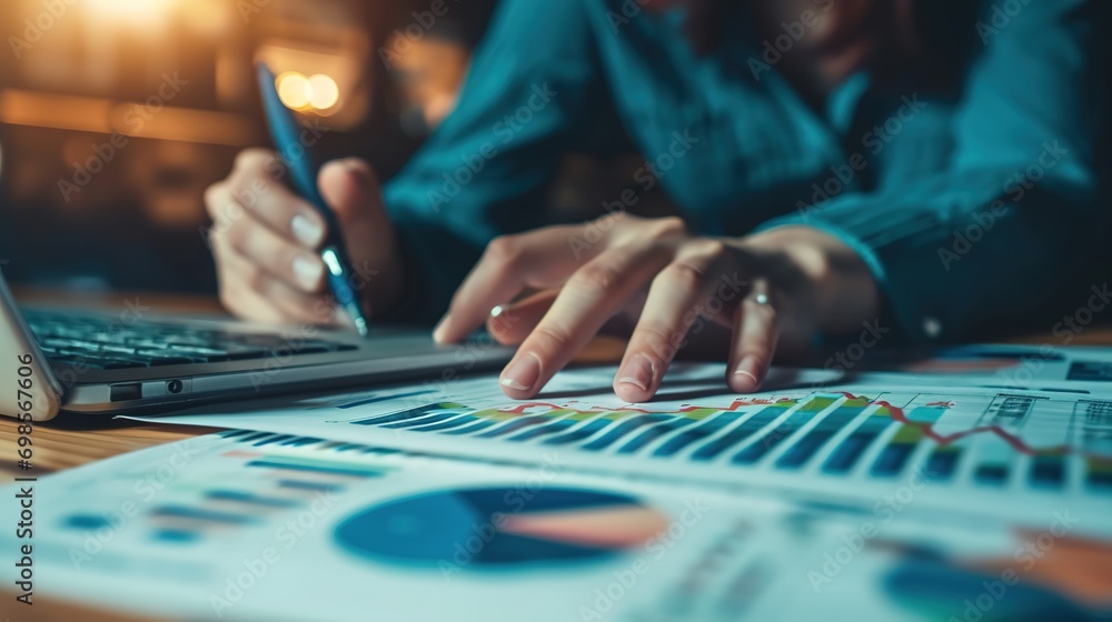 Poster person analyzing financial figures, analyzing company financial report balance sheet statement worki