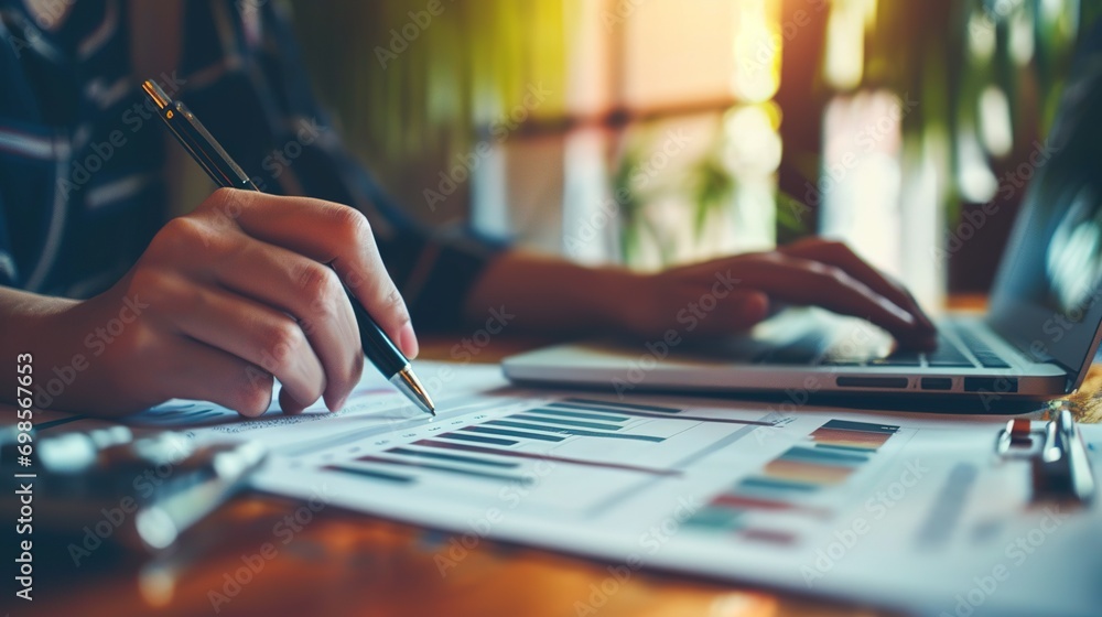 Poster person analyzing financial figures, analyzing company financial report balance sheet statement worki