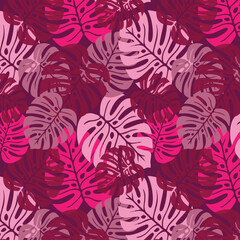 pink monstera hand drawn leaves pattern