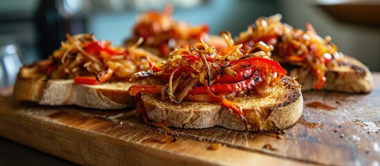 Spicy shredded peppers on toasted bread.