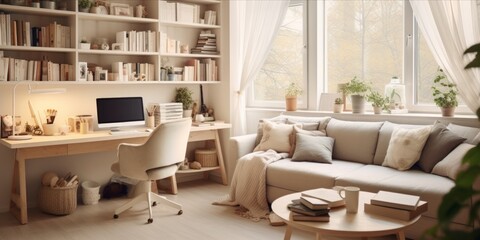 A cozy home office setup with a sofa, bookshelves, and a desk by the window.
