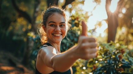 Portrait, happy woman or thumbs up for fitness, nature or healthy running workout exercise with smile. Girl athlete runner smiling showing thumbsup for training, wellness or exercising in a park - obrazy, fototapety, plakaty