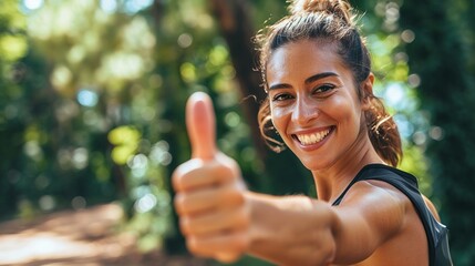 Portrait, happy woman or thumbs up for fitness, nature or healthy running workout exercise with smile. Girl athlete runner smiling showing thumbsup for training, wellness or exercising in a park - Powered by Adobe