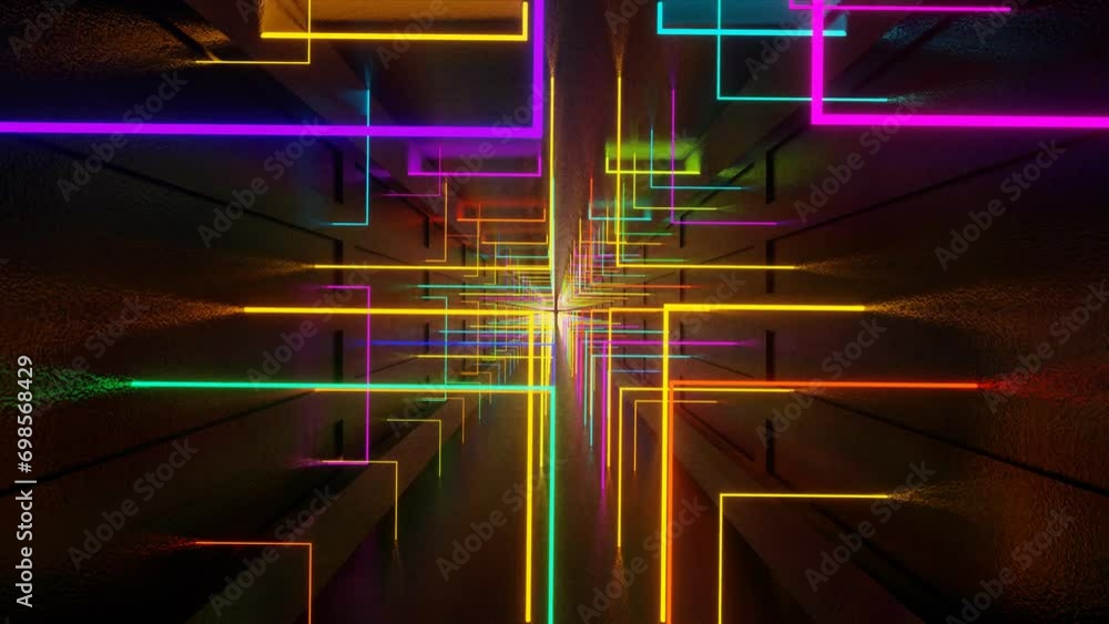 Poster movement through a tunnel of multi-colored luminous rectangles. looped animation. 3d render