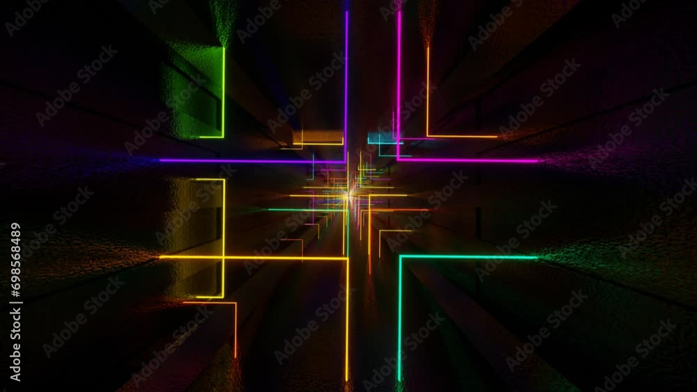 Poster movement through a tunnel of multi-colored luminous rectangles. looped animation. 3d render