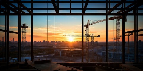 Sunset view through the silhouette of a construction site with cranes in the background.