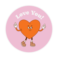 The hand-drawn heart retro character with a phrase. Vector illustration in trendy retro cartoon style. Love, Valentine's Day.
