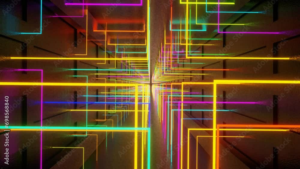 Poster movement through a tunnel of multi-colored luminous rectangles. looped animation. 3d render