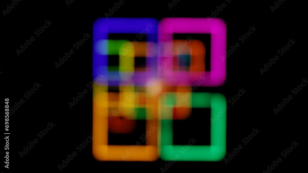 Poster movement through a tunnel of multi-colored blurry luminous rectangles. looped animation. 3d render