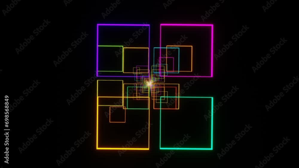 Poster movement through a tunnel of multi-colored luminous rectangles. looped animation. 3d render