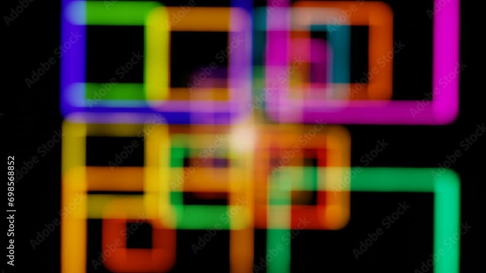 Poster movement through a tunnel of multi-colored blurry luminous rectangles. looped animation. 3d render