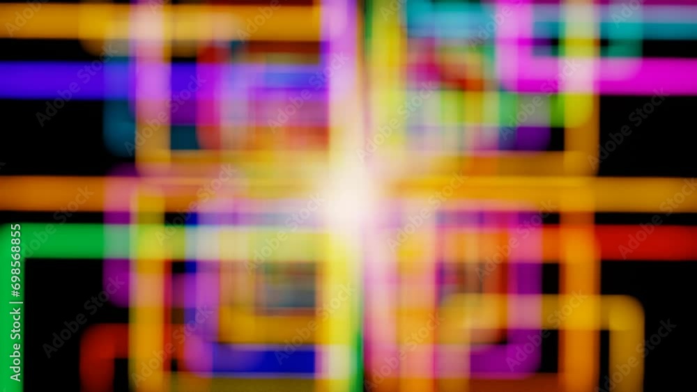 Aufkleber movement through a tunnel of multi-colored blurry luminous rectangles. looped animation. 3d render