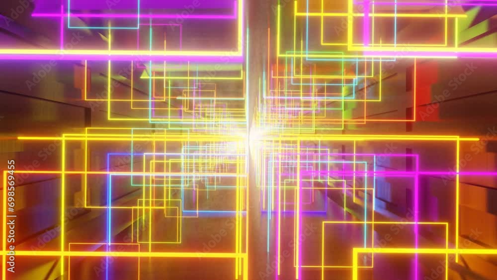 Poster movement through a tunnel of multi-colored luminous rectangles. looped animation. 3d render