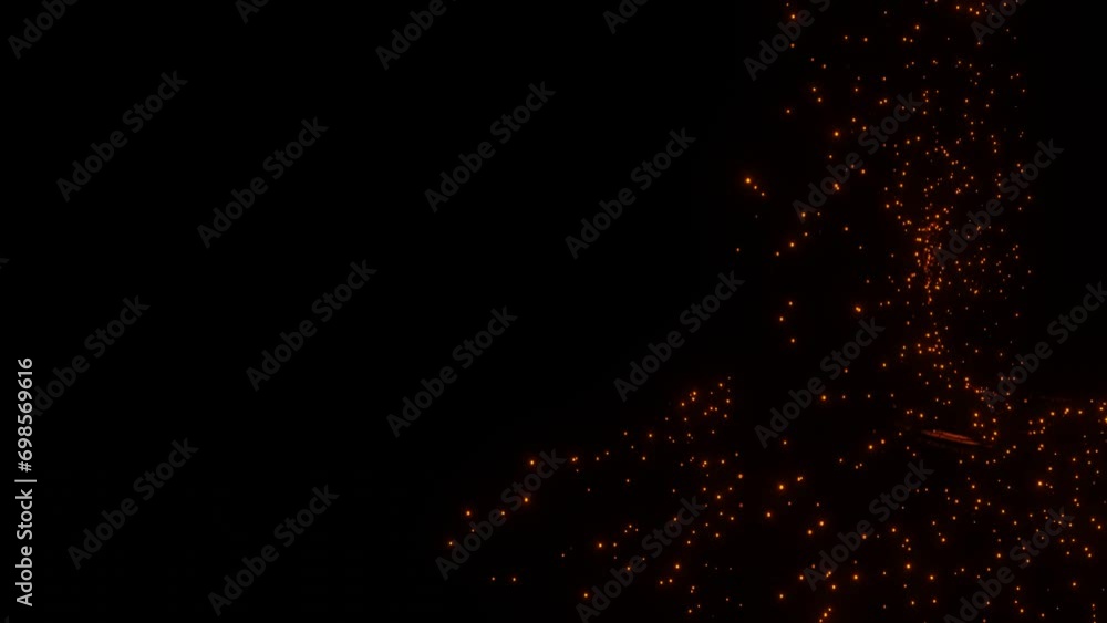 Poster blinking and glowing red-orange particles move chaotically on a black background. looped animation. 