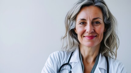 Portrait of mature doctor smiling on white background. Female professional is wearing lab coat. Confident medical practitioner is with stethoscope - obrazy, fototapety, plakaty