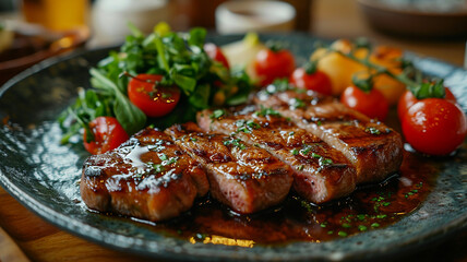 Rustic table setting with juicy grilled steaks on wooden plates, fresh salads, gourmet medium rare beef with charred tomatoes and greens, barbecue meats and vegetable garnishes, Generous AI
