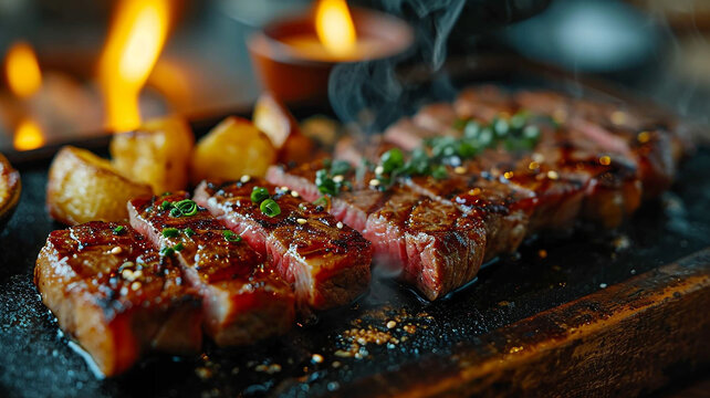 Rustic table setting with juicy grilled steaks on wooden plates, fresh salads, gourmet medium rare beef with charred tomatoes and greens, barbecue meats and vegetable garnishes, Generous AI

