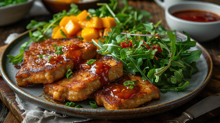 Fototapeta premium Seitan Sensation: Air-Fried Crunch with Spicy Mango