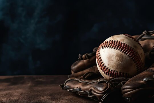 Moody style baseball background old ball leather glove close sport, copy space dark backdrop