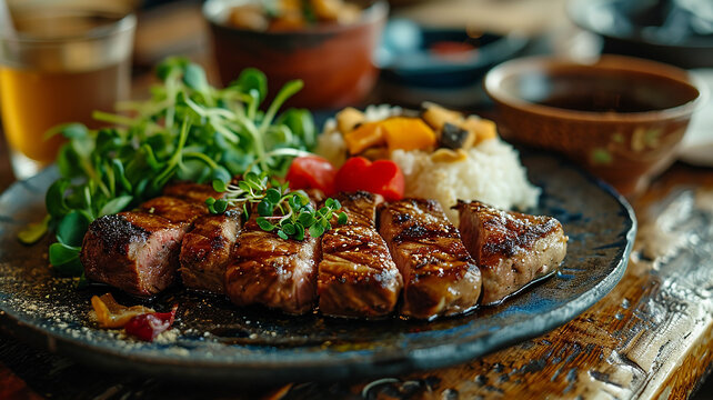 Rustic table setting with juicy grilled steaks on wooden plates, fresh salads, gourmet medium rare beef with charred tomatoes and greens, barbecue meats and vegetable garnishes, Generous AI
