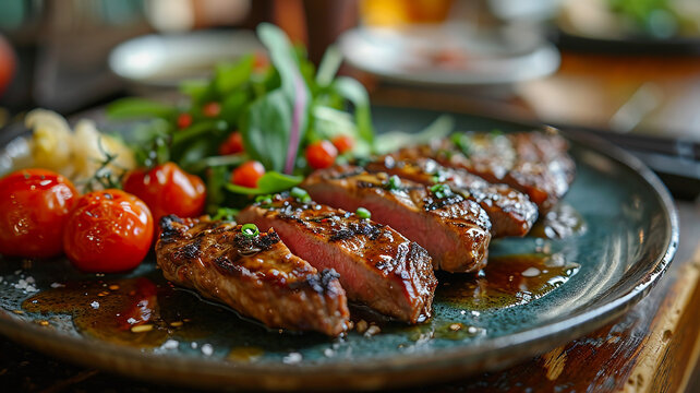 Rustic table setting with juicy grilled steaks on wooden plates, fresh salads, gourmet medium rare beef with charred tomatoes and greens, barbecue meats and vegetable garnishes, Generous AI
