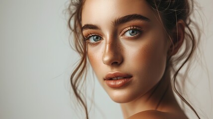 Fototapeta premium Portrait of young beautiful woman with perfect smooth skin isolated over white background. Tenderness and sensuality.
