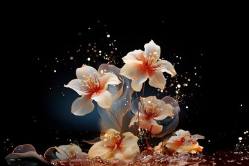 Beautiful flowers with water splash on black background.
