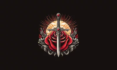 Fotobehang sword and red rose and flames vector design © josoa