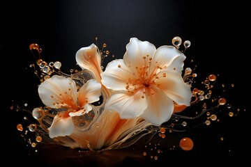 Beautiful lily flowers in water splash on black background.
