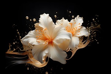 White lily hippeastrum flower with gold splashes isolated on black background.