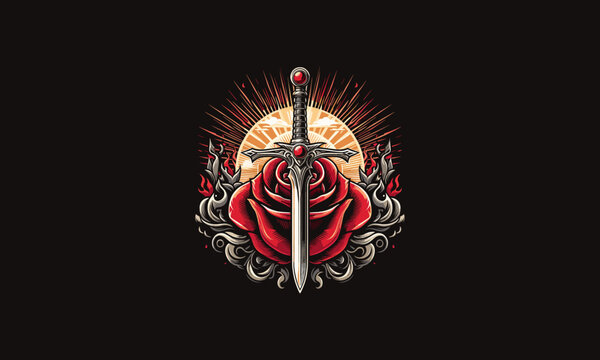 sword and red rose and flames vector design