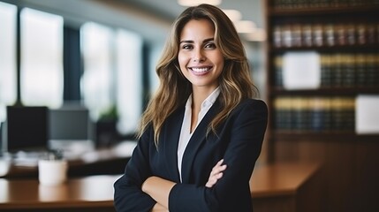 Happy and woman lawyer portrait in office with optimistic smile for professional legal career. Confident expert and attorney employee at corporate workplace smiling with positive mindset - obrazy, fototapety, plakaty