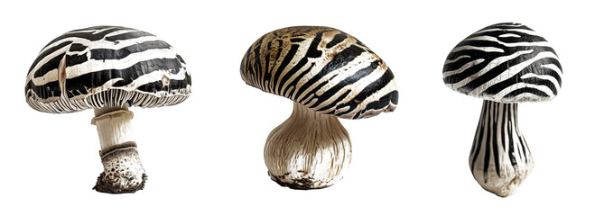 Set of zebra print mushroom on transparent background