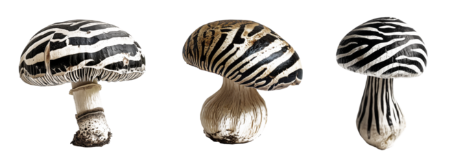 Set of zebra print mushroom on transparent background