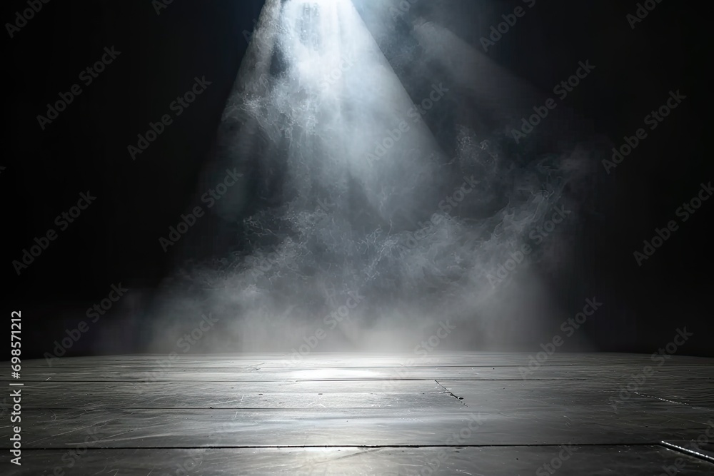 Poster mysterious and atmospheric scene with dark empty space. floor is illuminated by spotlight creating d