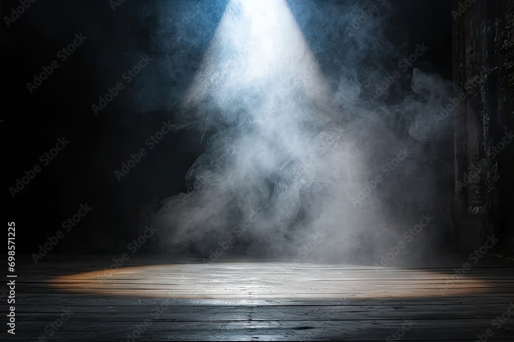 Poster mysterious and atmospheric scene with dark empty space. floor is illuminated by spotlight creating d