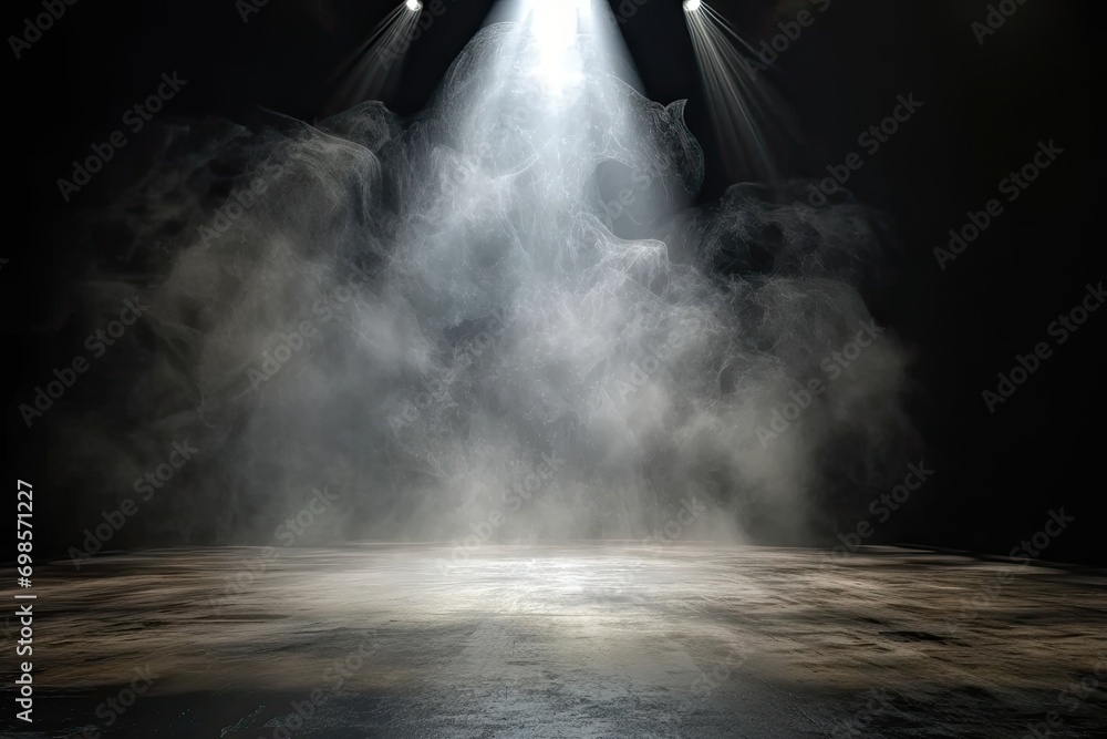 Poster mysterious and atmospheric scene with dark empty space. floor is illuminated by spotlight creating d