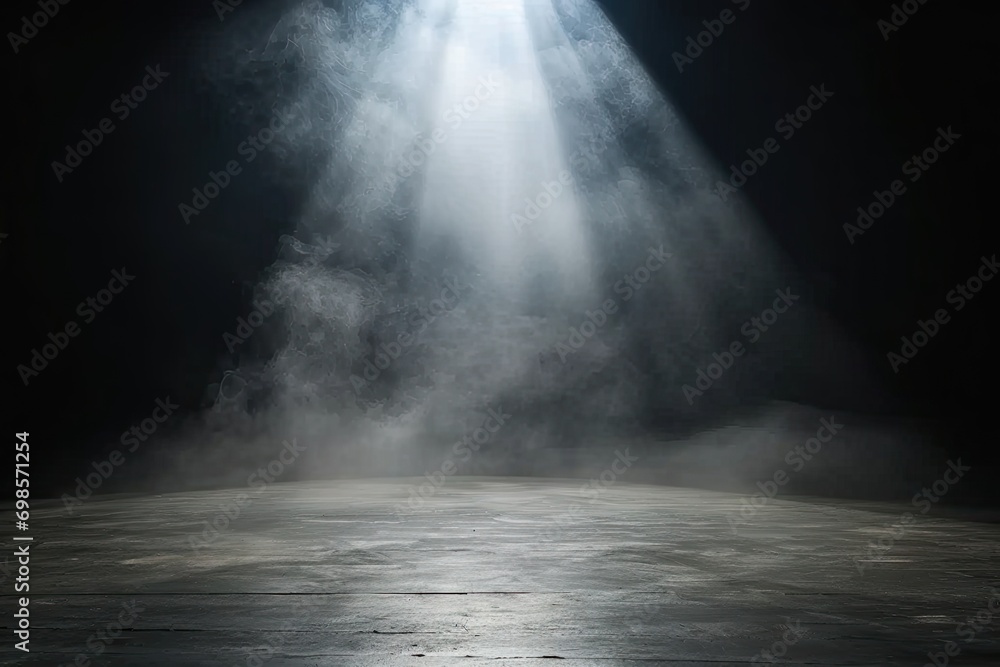 Poster mysterious and atmospheric scene with dark empty space. floor is illuminated by spotlight creating d
